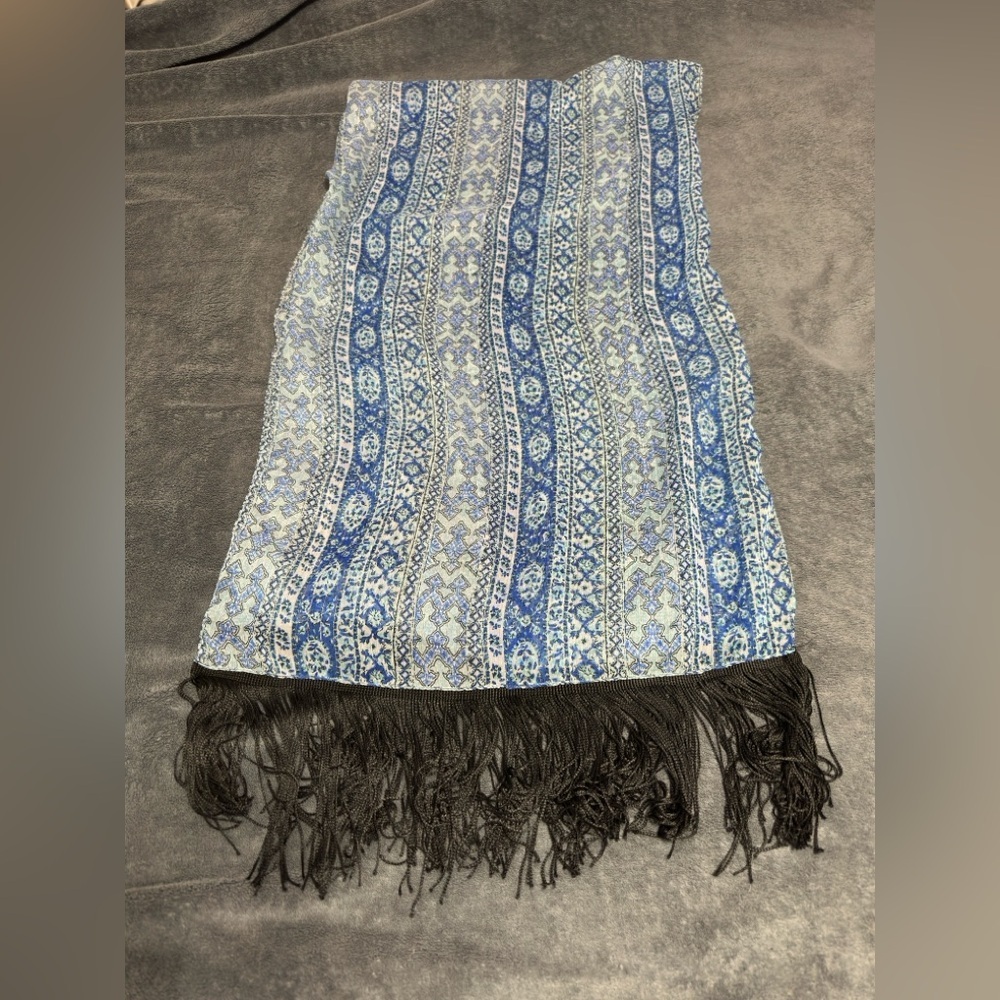 Blue Patterned Scarf with Fringe